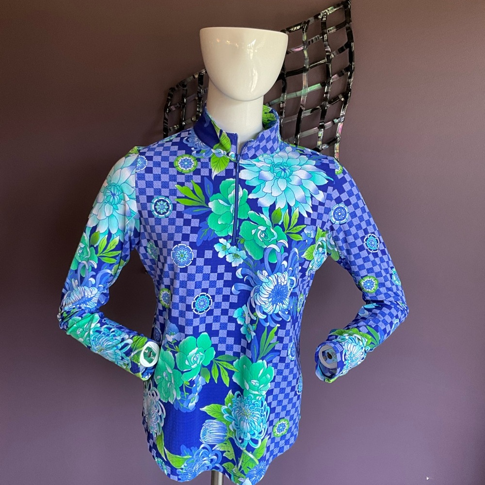 Gottex SPF 50 long sleeved purple floral shirt M